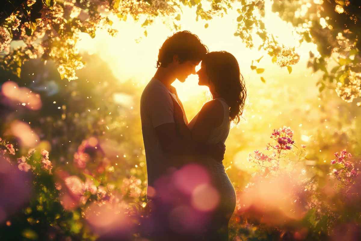 Coppia al tramonto che si scambia delle effusioni romantiche