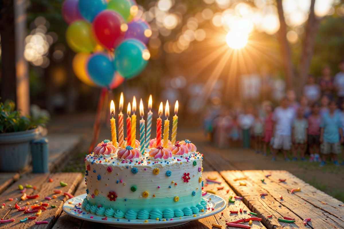 Torta di compleanno colorata su tavolo di legno con palloncini colorati e tramonto sullo sfondo