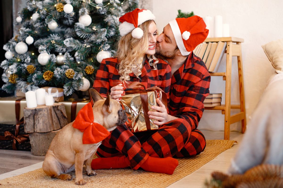 Coppia che si scambia i regali di Natale sotto l'albero